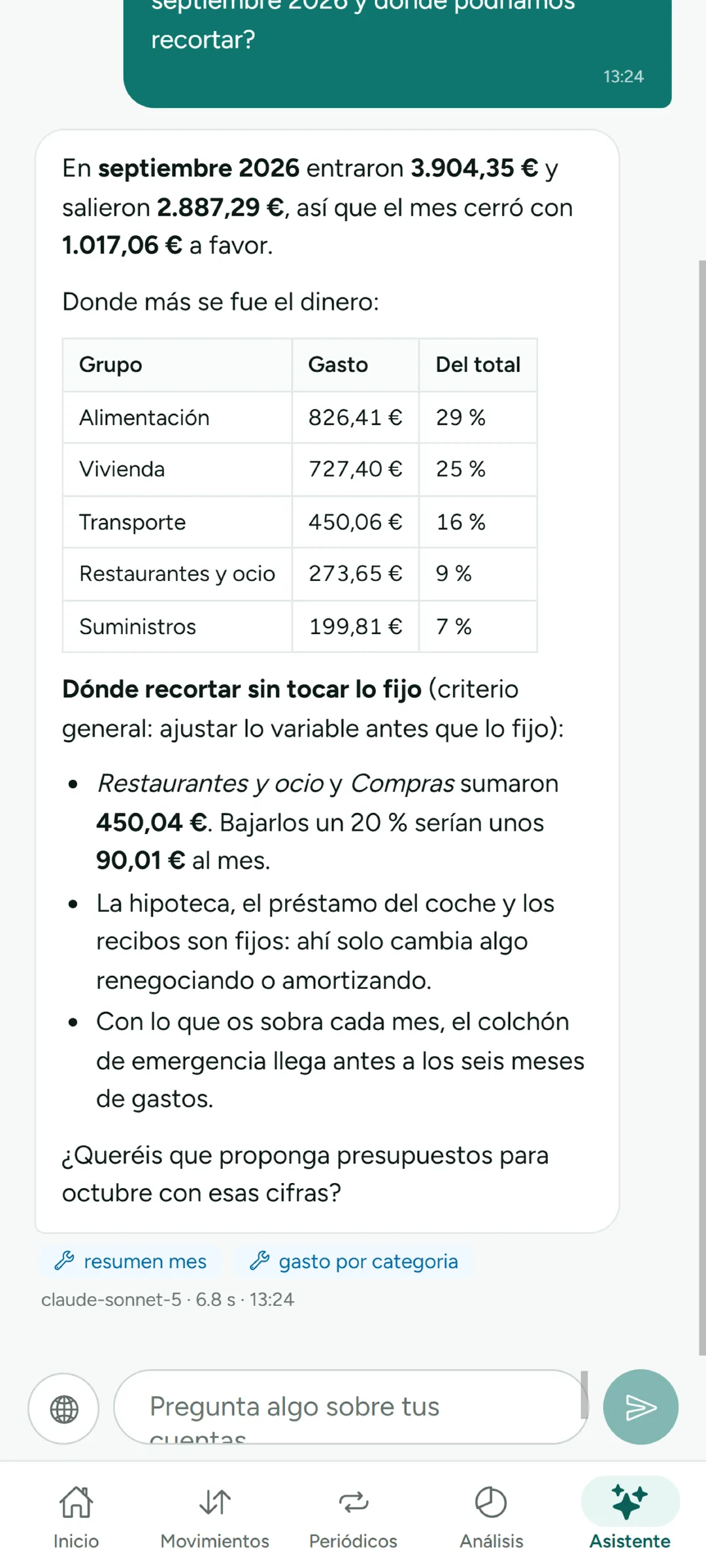 Asistente de IA de Cuentas de Casa respondiendo con las cifras de la casa