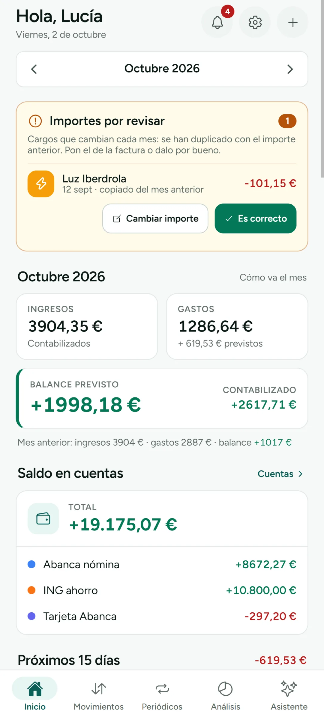 Inicio de la app Android de Cuentas de Casa