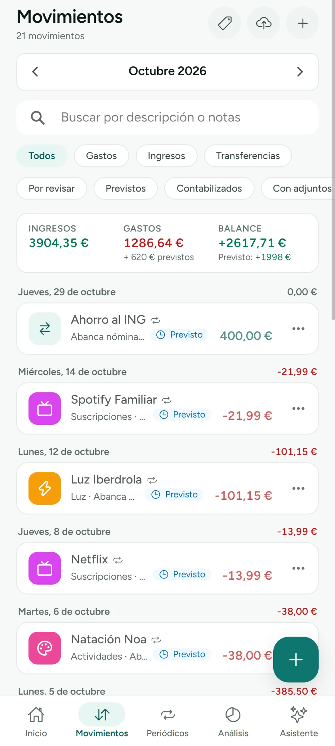 Movimientos en la app Android de Cuentas de Casa