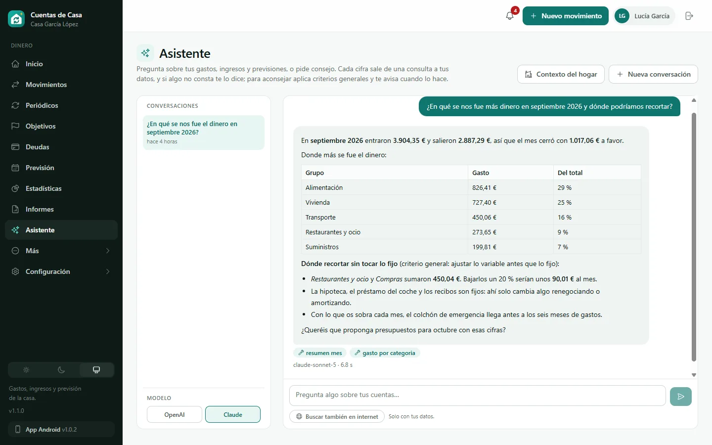 Captura del panel de Cuentas de Casa: Asistente de IA