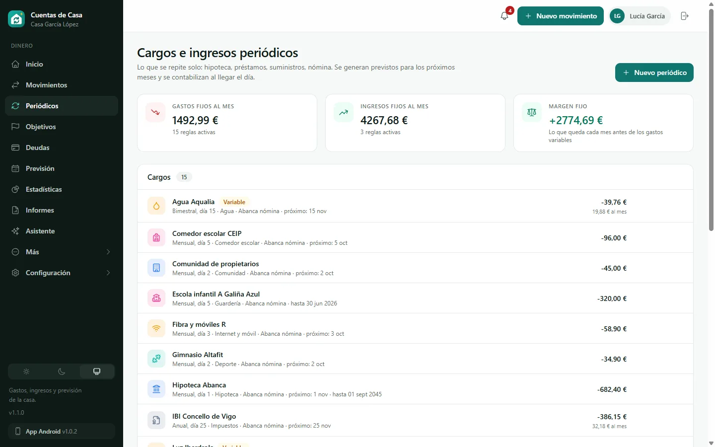 Captura del panel de Cuentas de Casa: Gastos periódicos