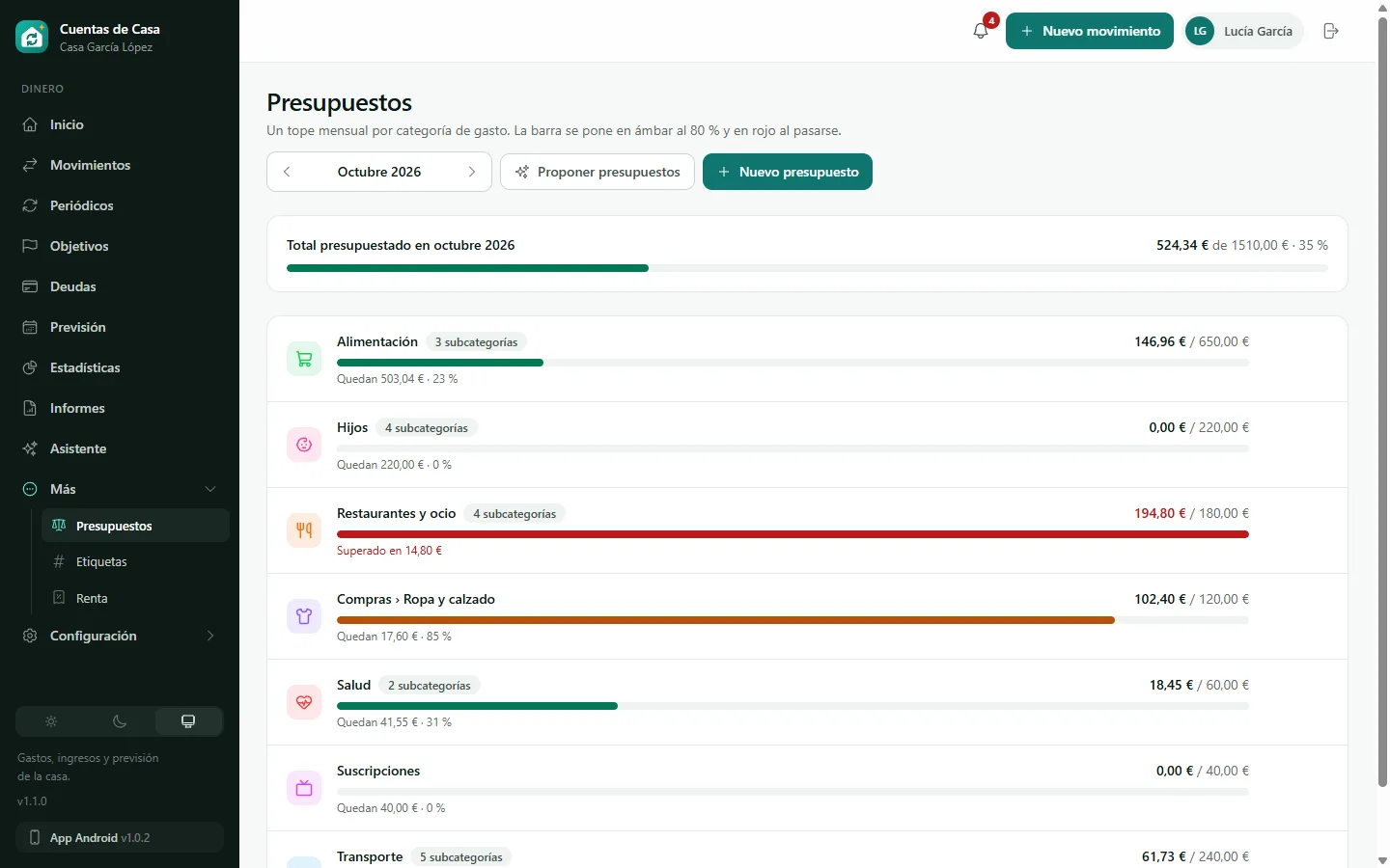 Captura del panel de Cuentas de Casa: Presupuestos y categorías